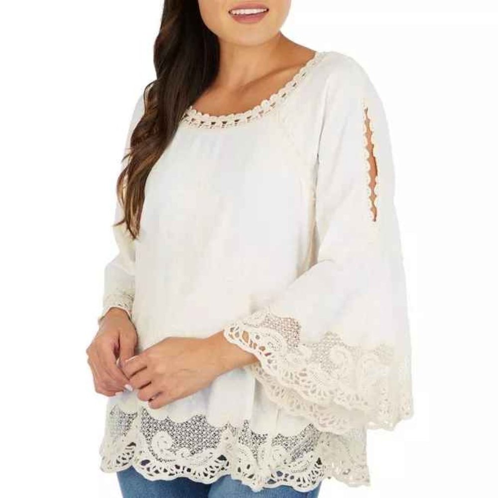 COPY - NWT Democracy Boho White Crochet, Trim ¾ Split -Sleeve Top – Size L